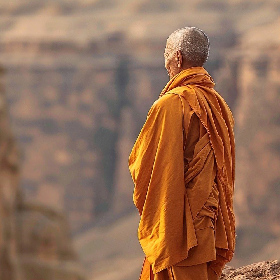 Moine tibétain en vêtement jaune regardant au loin