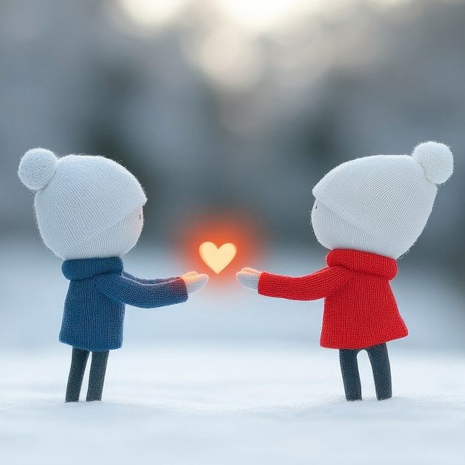 Deux personnages dans la neige qui se partagent un coeur lumineux